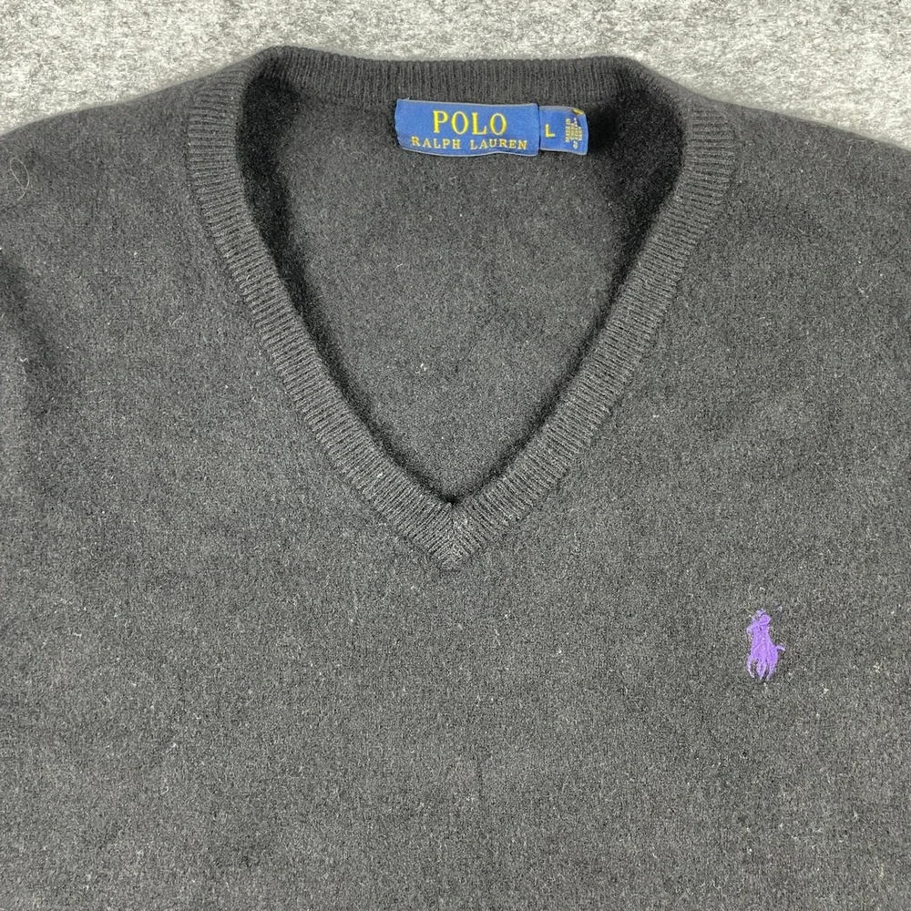 Polo Ralph Lauren Sweater Mens L Black 100% Merino Wool V-Neck Purple Pony